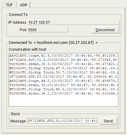 Delimited text sent to a UDP client on port 5565